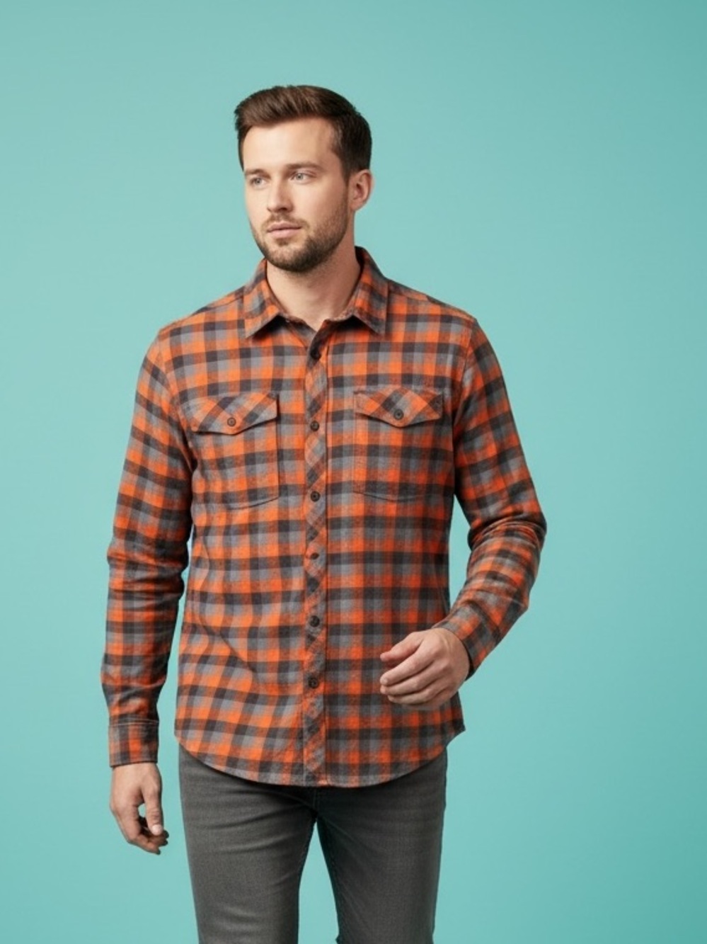 Helly Hansen Gray Orange Check Flannel Work Wear Shirt Size M